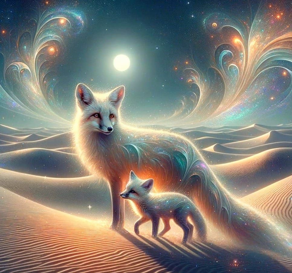 Desert Fox Family Crossing Dunes in Watercolour Style
