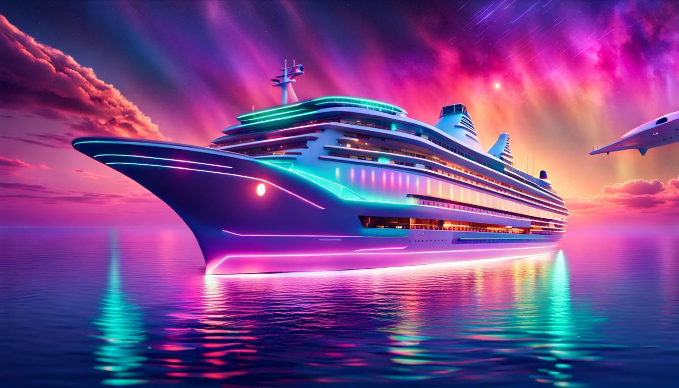 Cyberpunk Cruise Ship Sails Under Cosmic Aurora