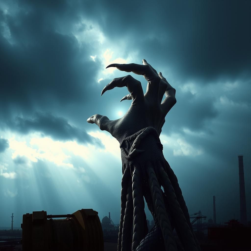 Gnarled Hand Reaching Skyward in Biomechanical Style