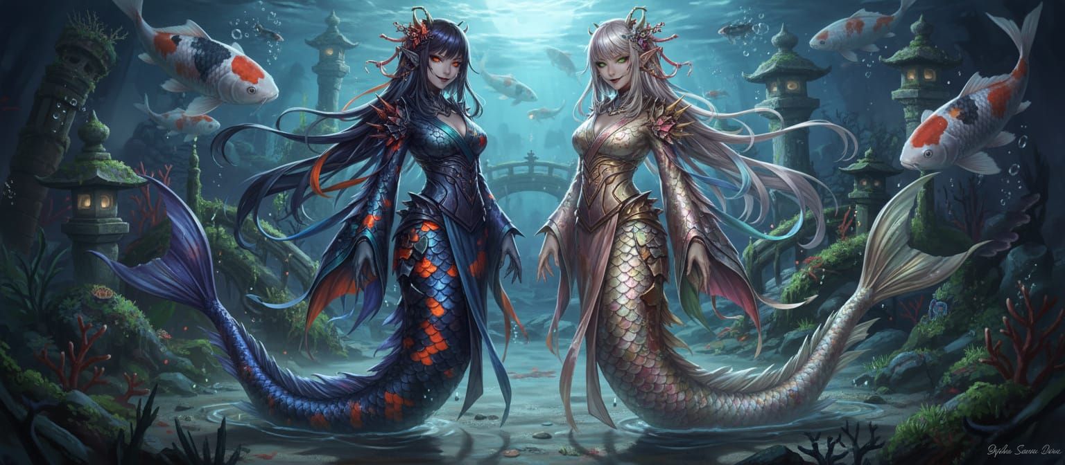 Two Sinister Koi Monster Girls with Vibrant Scales