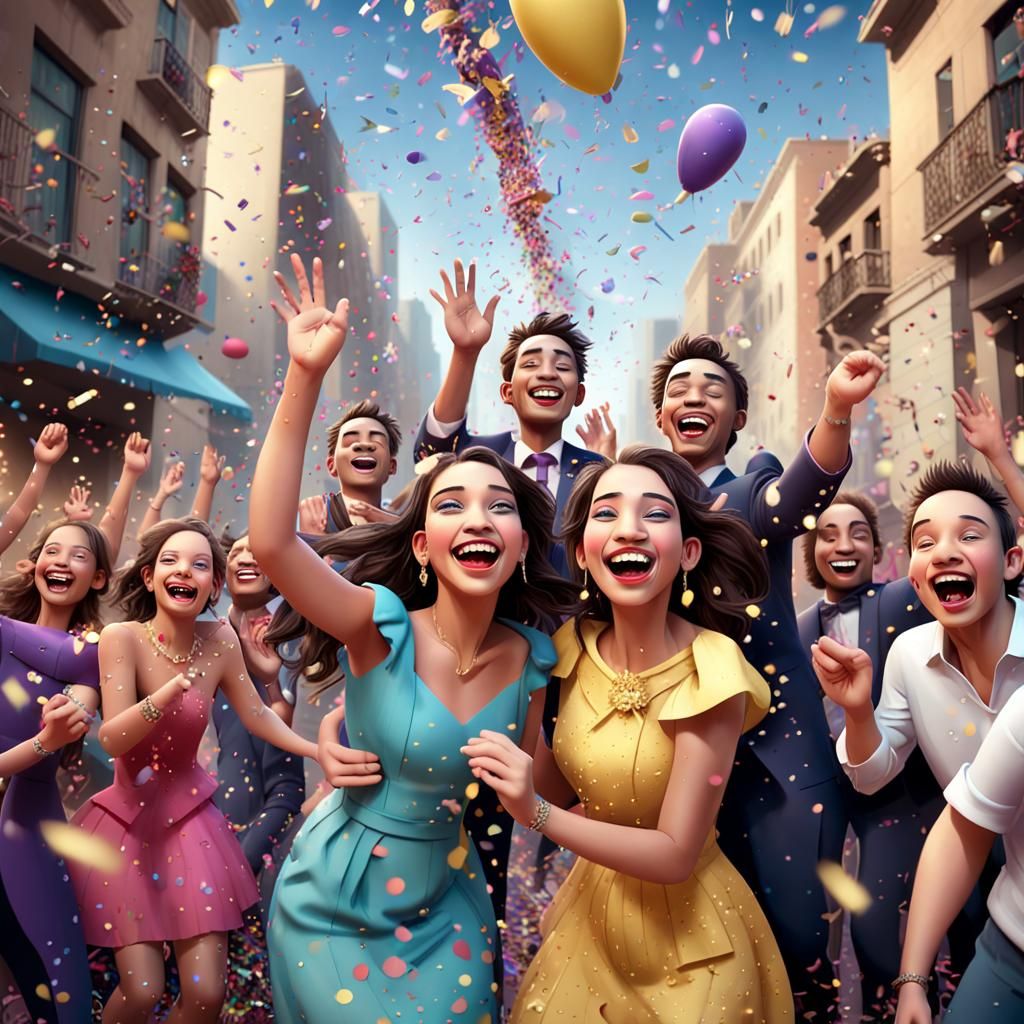 Vibrant scenes depicting joyous celebrations with confetti raining down amidst parties or parades.
