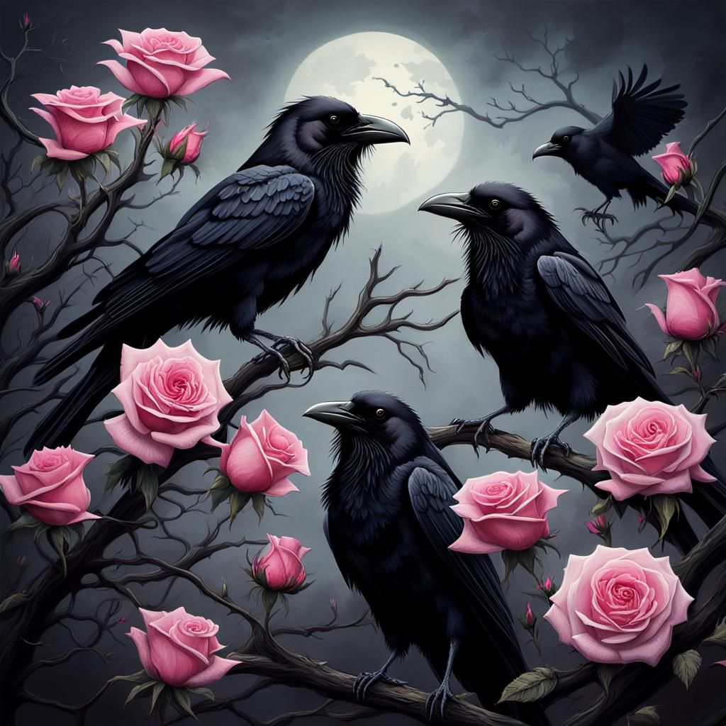 Black Crows and Roses in Gothic Setting
