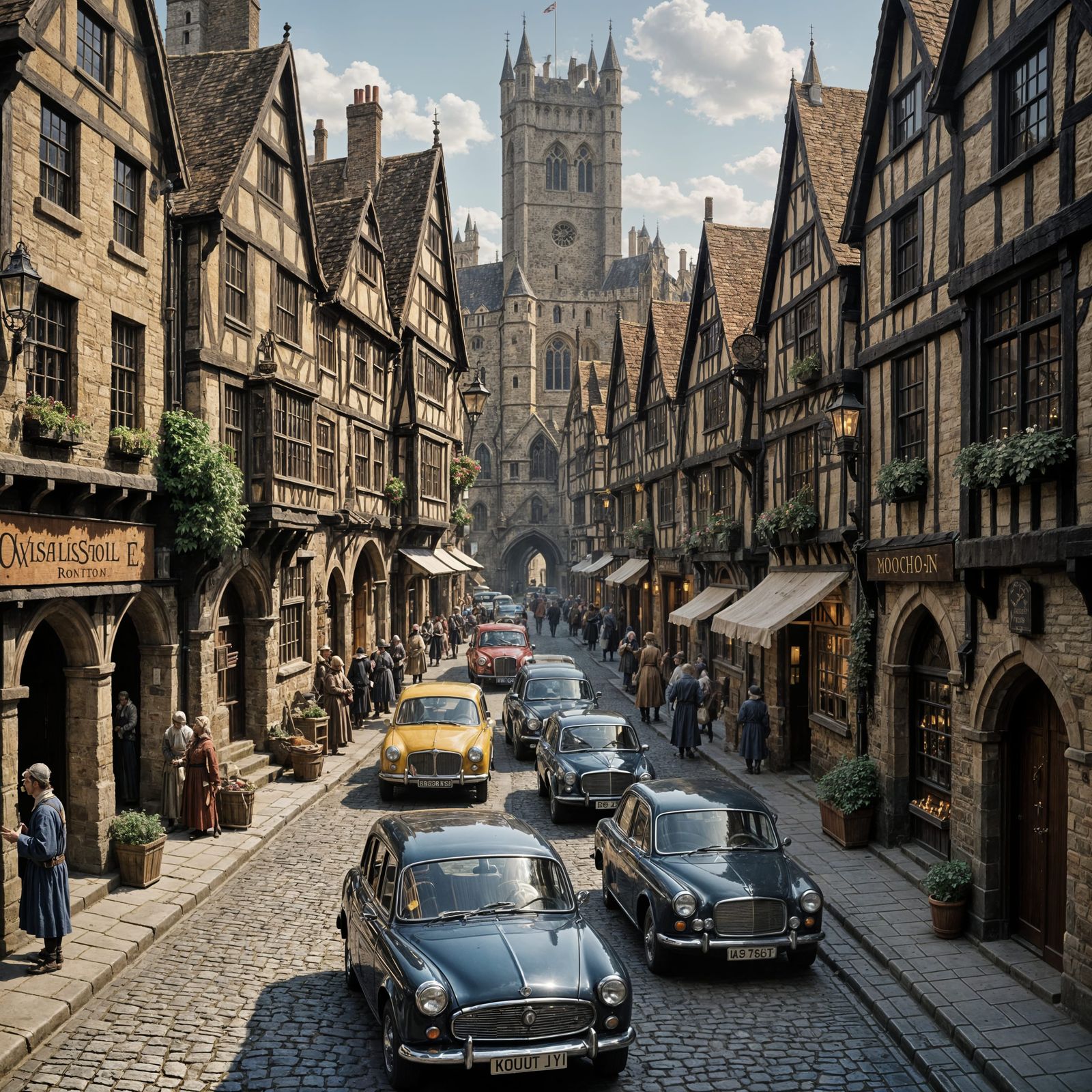 Medieval London Streets Filled with Cars