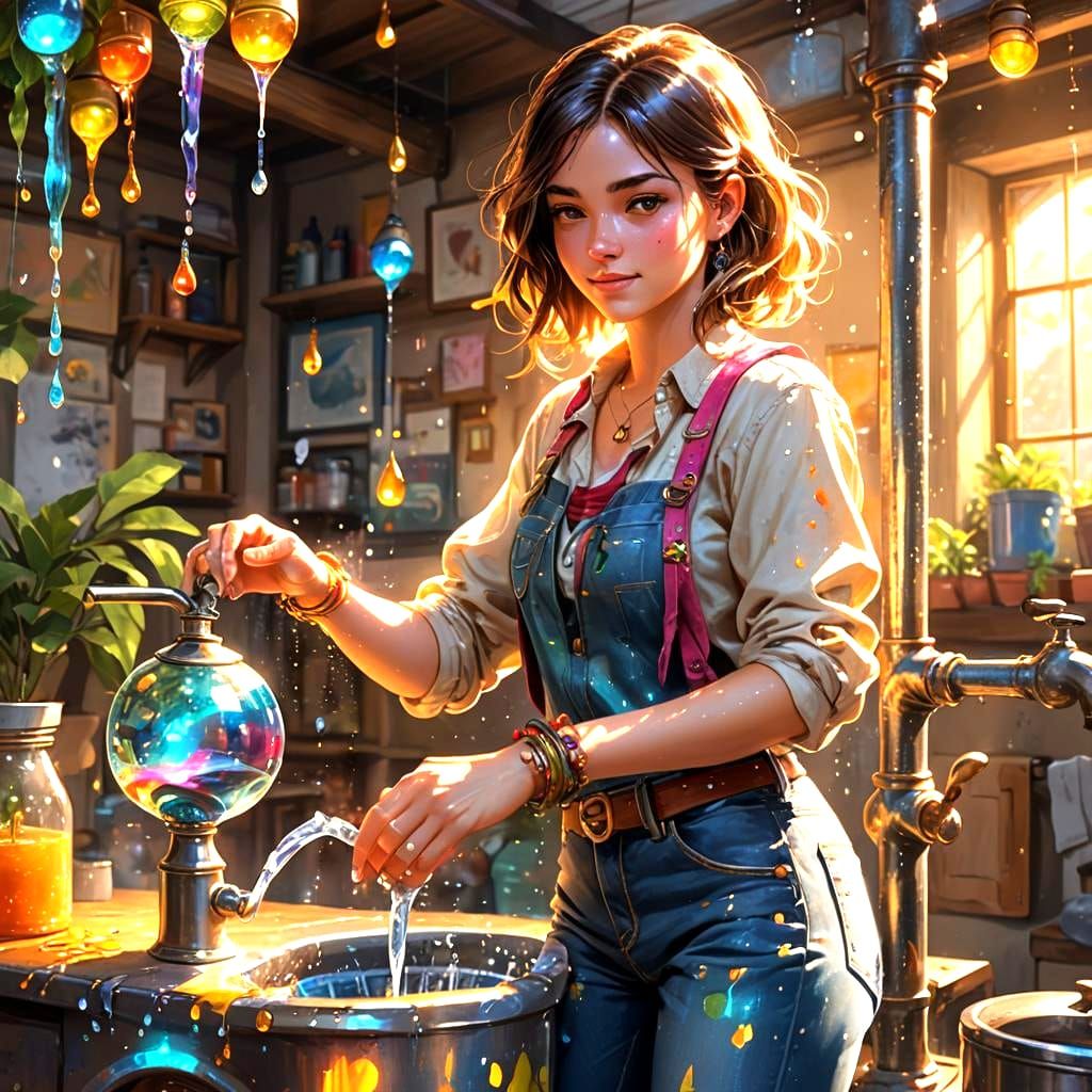 Beautiful Woman Filling Water Pot, Detailed Matte Painting