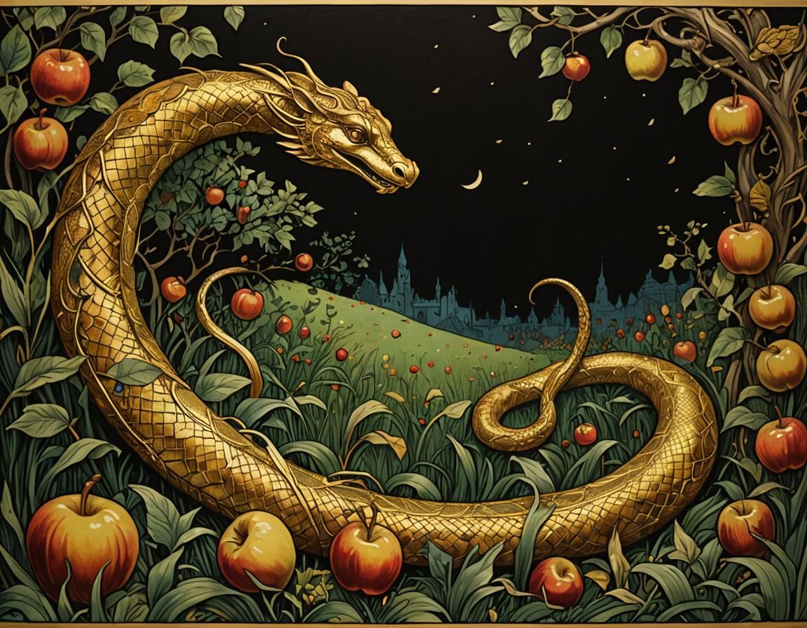 Golden Serpent in Eden: Art Nouveau Ink Art