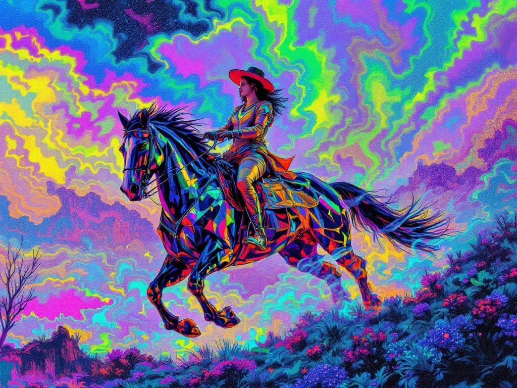 Neon Goddess Rides into the Futuristic Sunset