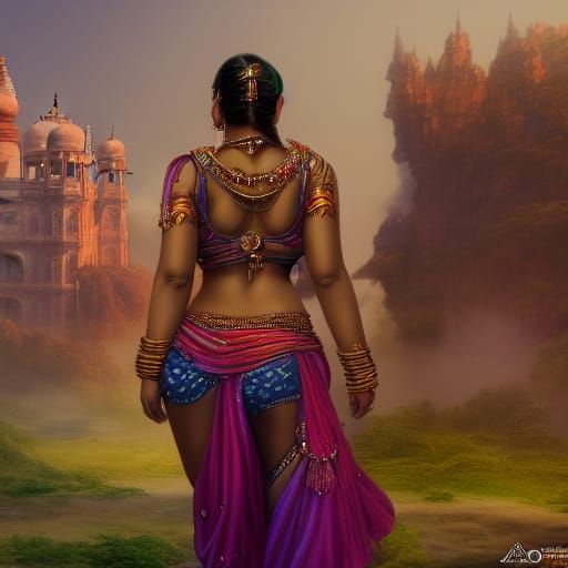 Indian Women Walking to Palace: Detailed Digital Painting