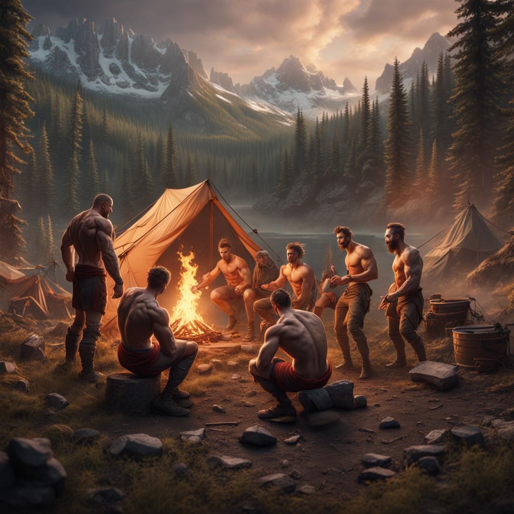 Fantastical Camping Scene with Muscular Figures