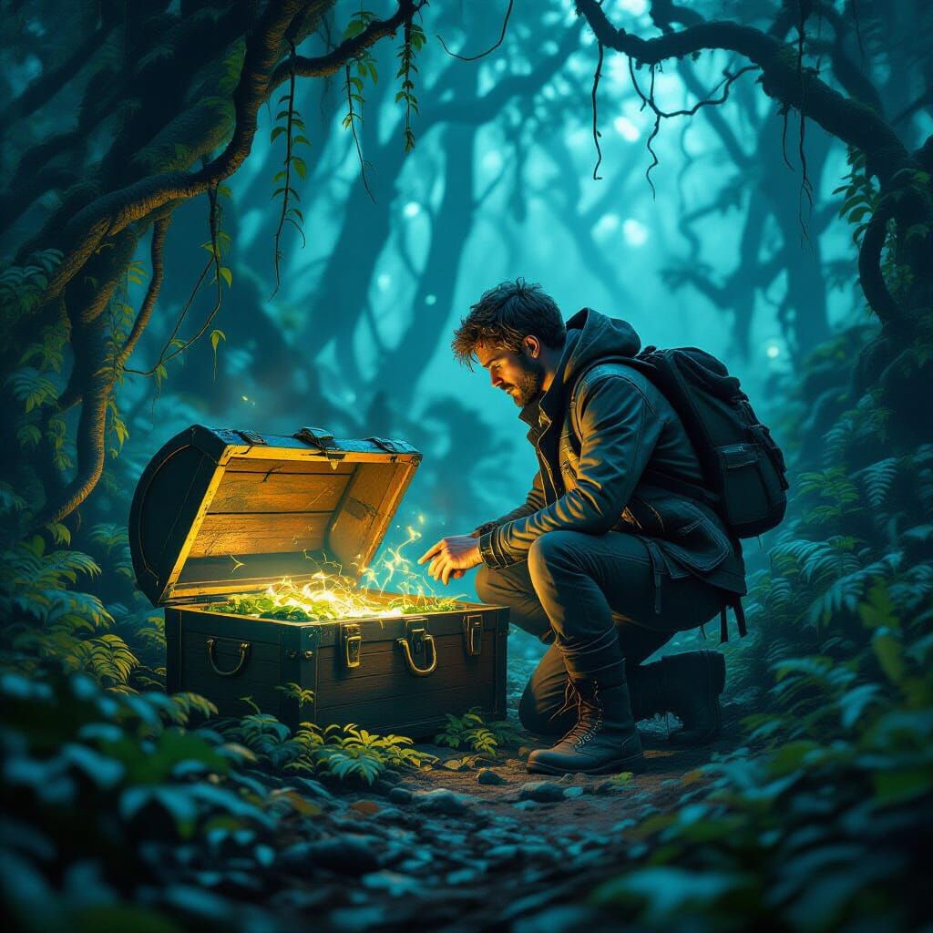 Explorer Finds Ancient Chest in Bioluminescent Forest