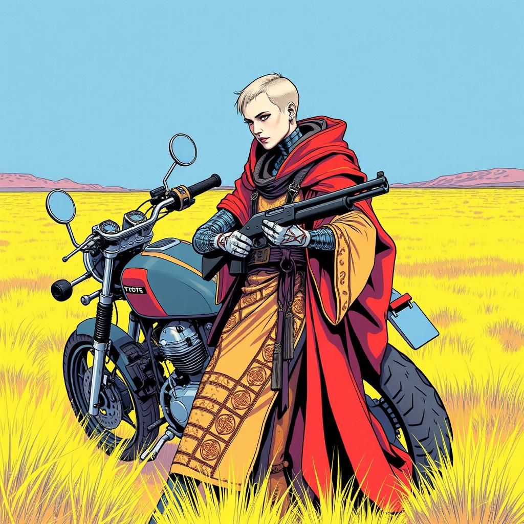 Cyberpunk Huntress in Ultraviolet Grasslands: Minimalist Ill...