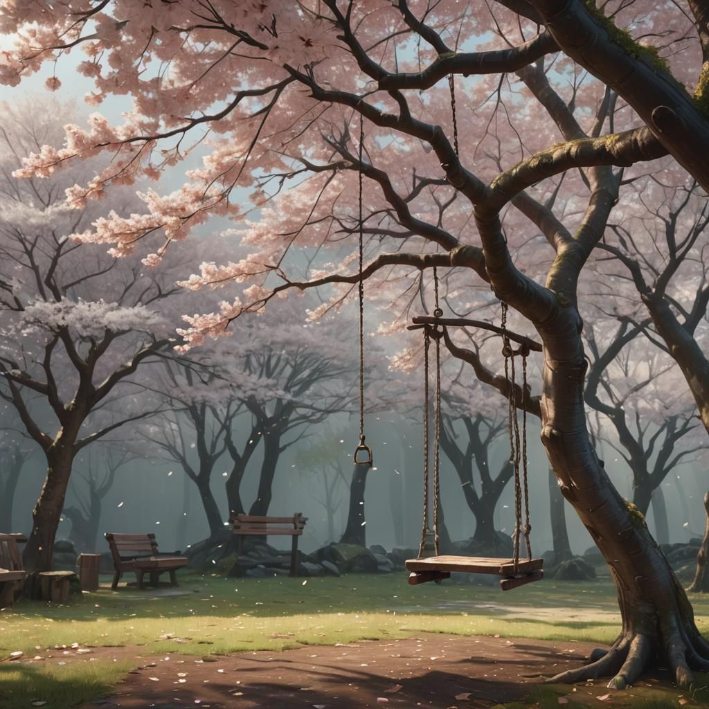 Sakura Tree with Swing in Anime Style