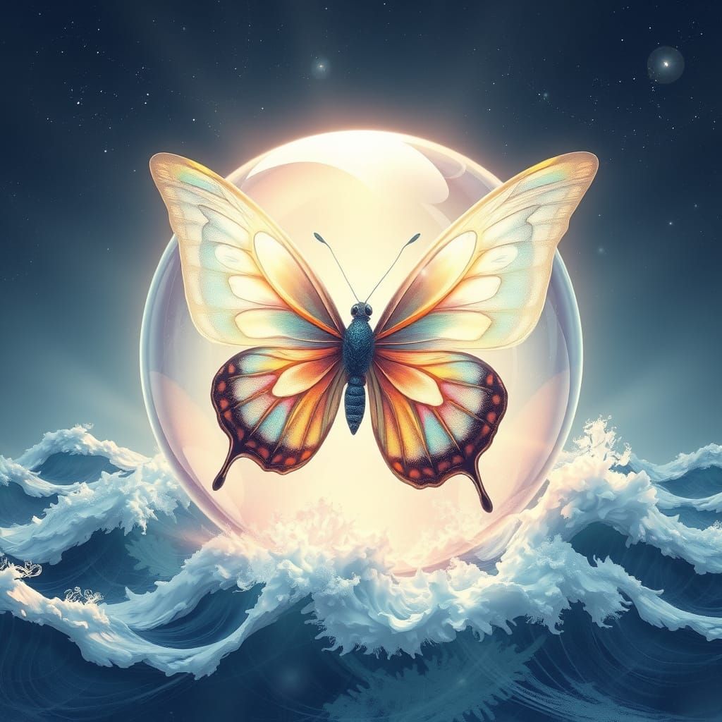 Crystalline Butterfly Orb Above Ocean, Dreamy Art