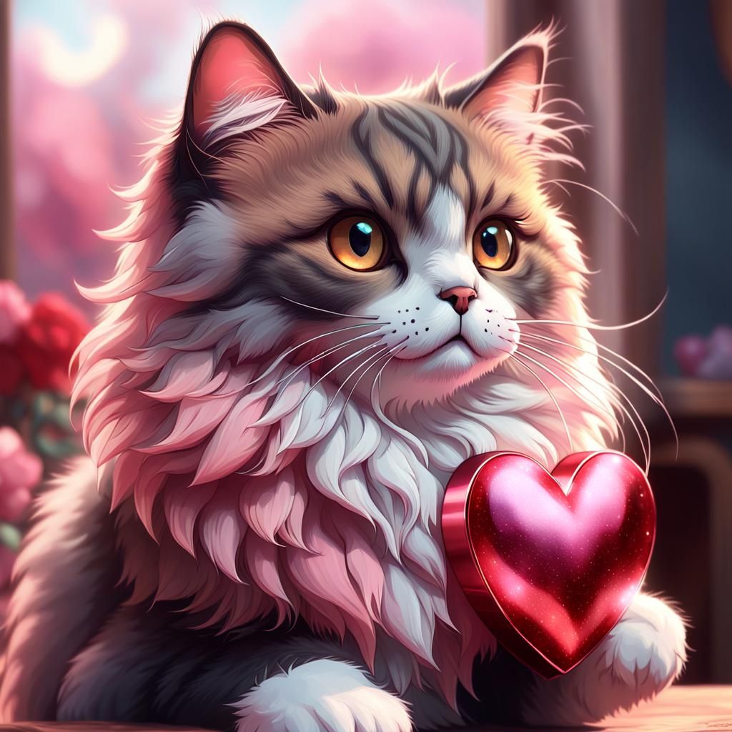 Fluffy Cat Holding Heart: Cute Portrait