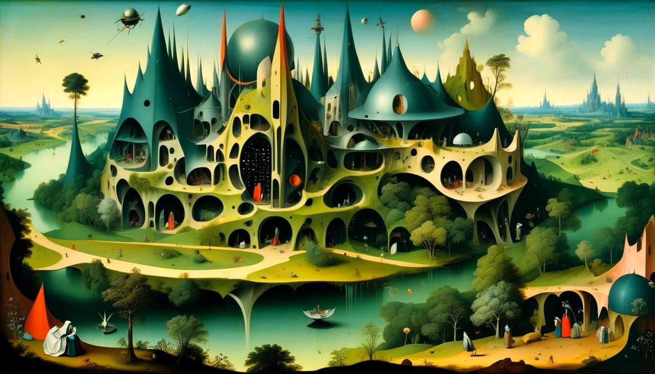 Futuristic Architecture in Lush Landscape, Bosch Style