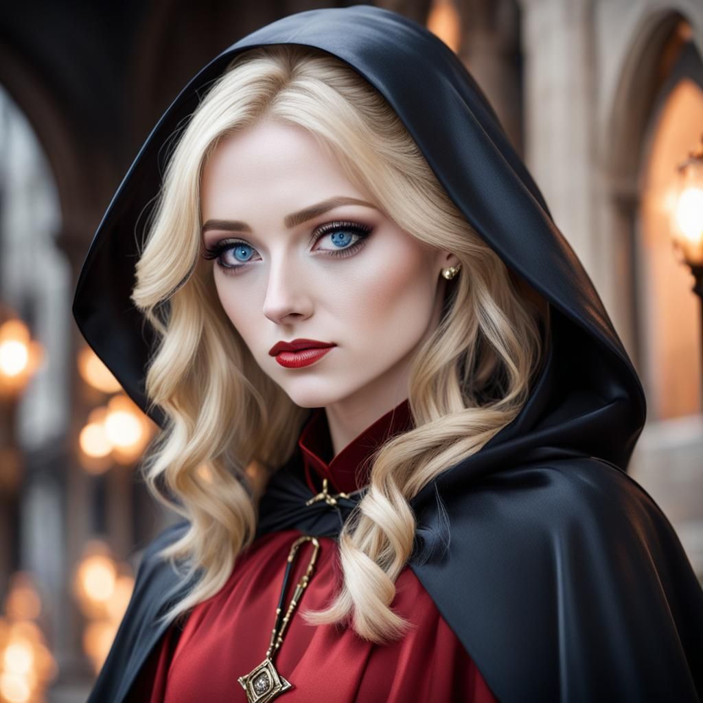 Portrait of a Blonde Woman in Red Dress