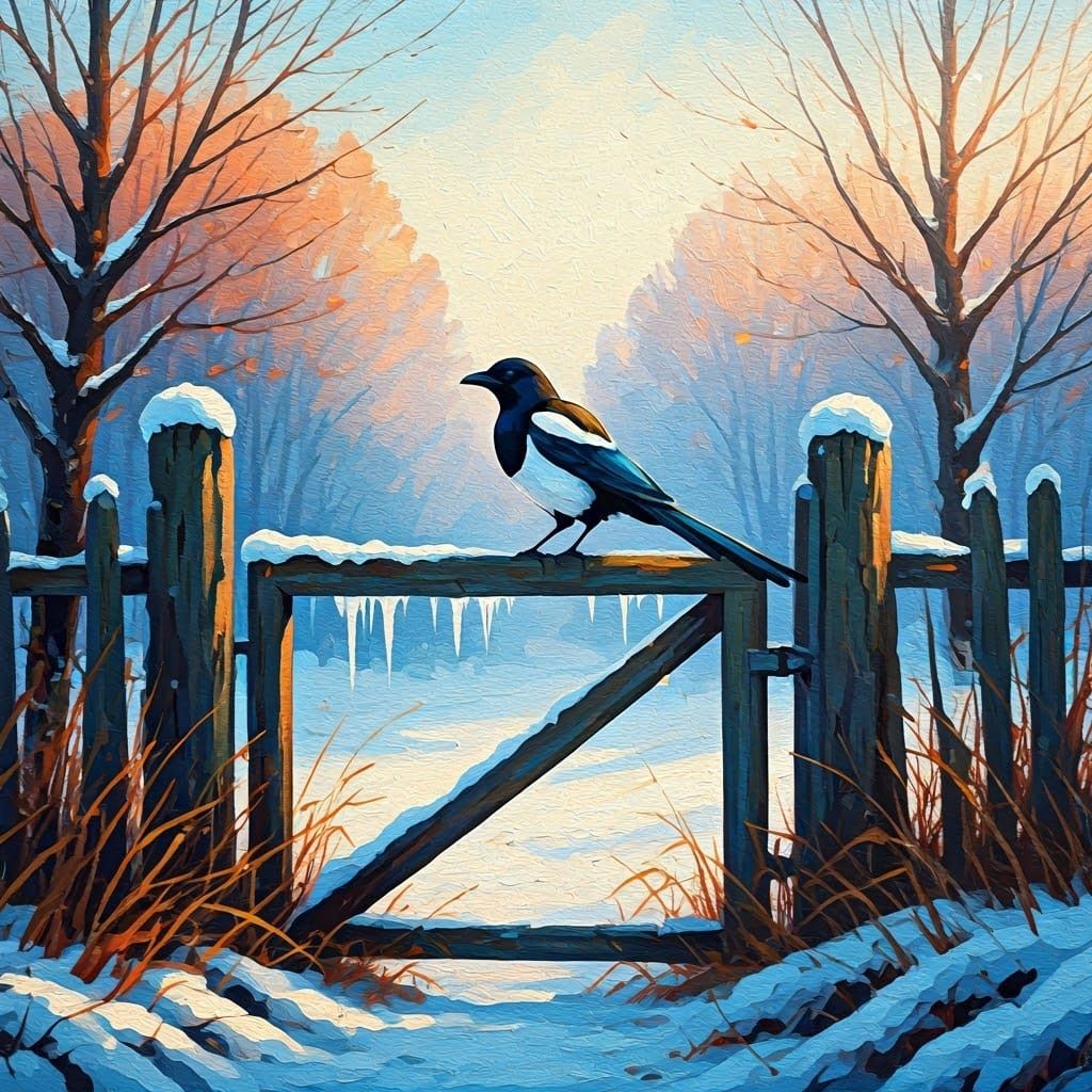 Sleek Magpie on Winter Thaw Landscape in Impressionist Neo-E...