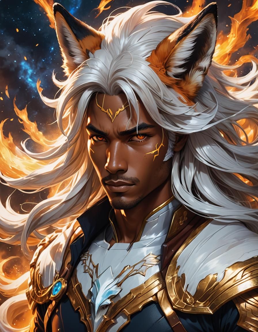 Anime Fox-Eared Man with Fire and Wind Elements
