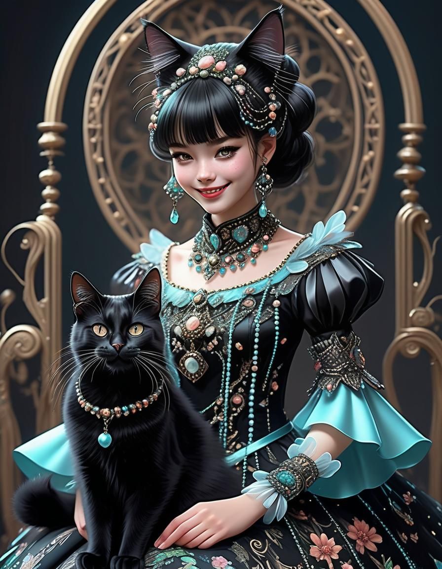 Anime Girl and Black Cat Fantasy Illustration