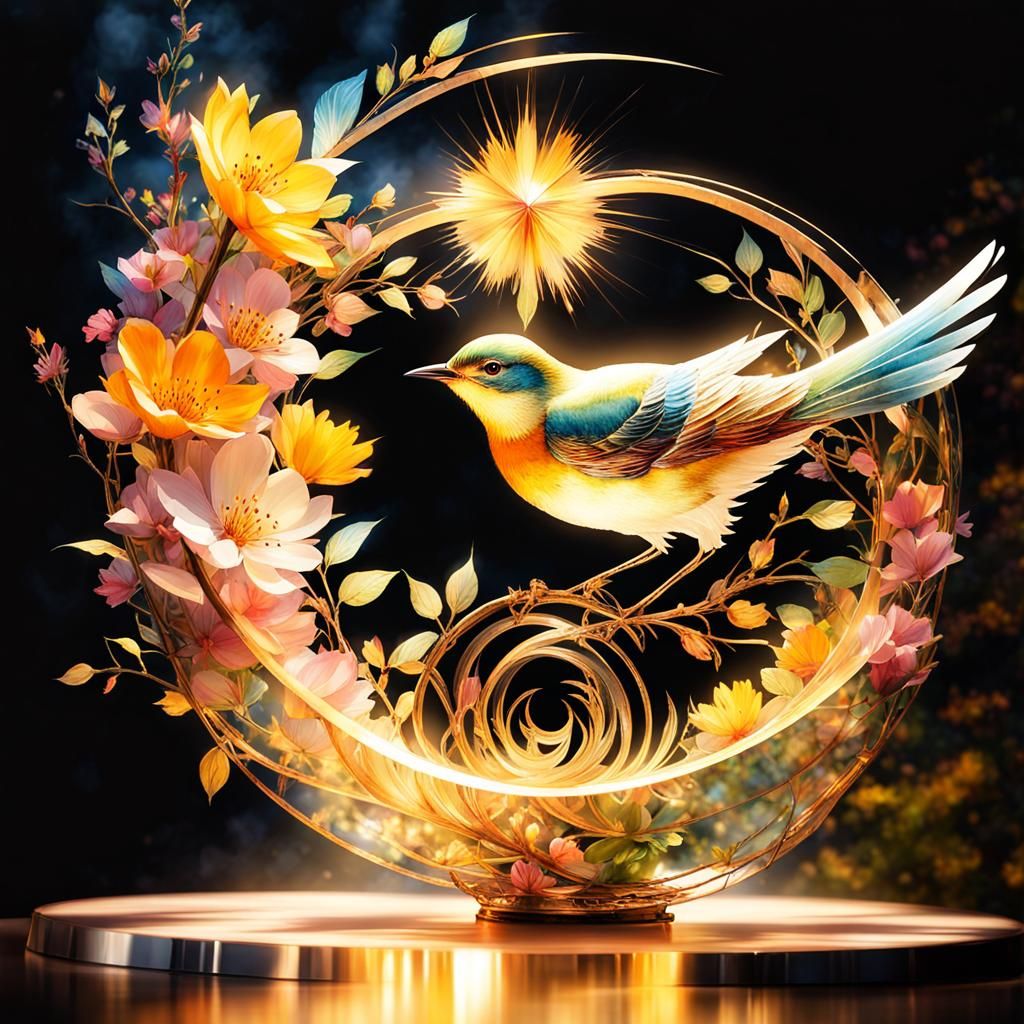 Blossom Bird Tree in Double Exposure Watercolor