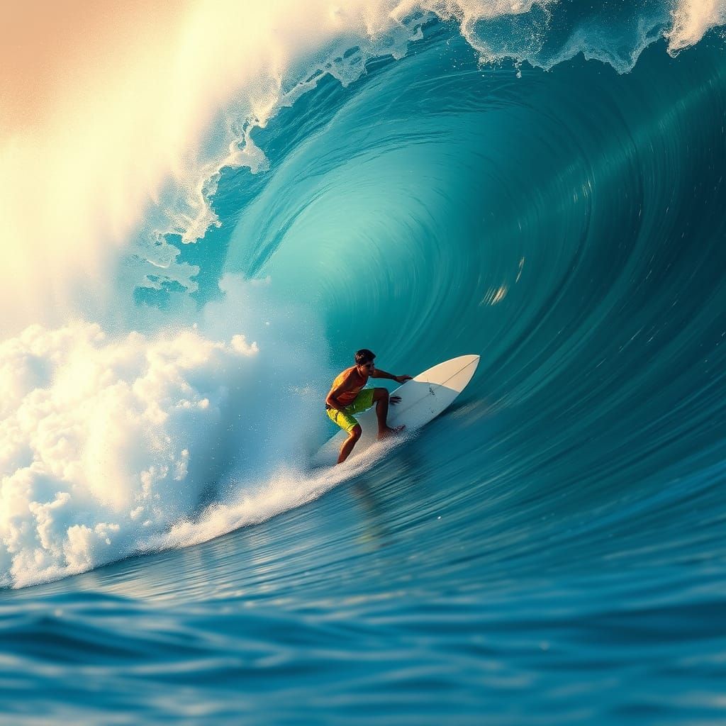 Surfer Riding North Shore Wave in Vibrant Beach Style