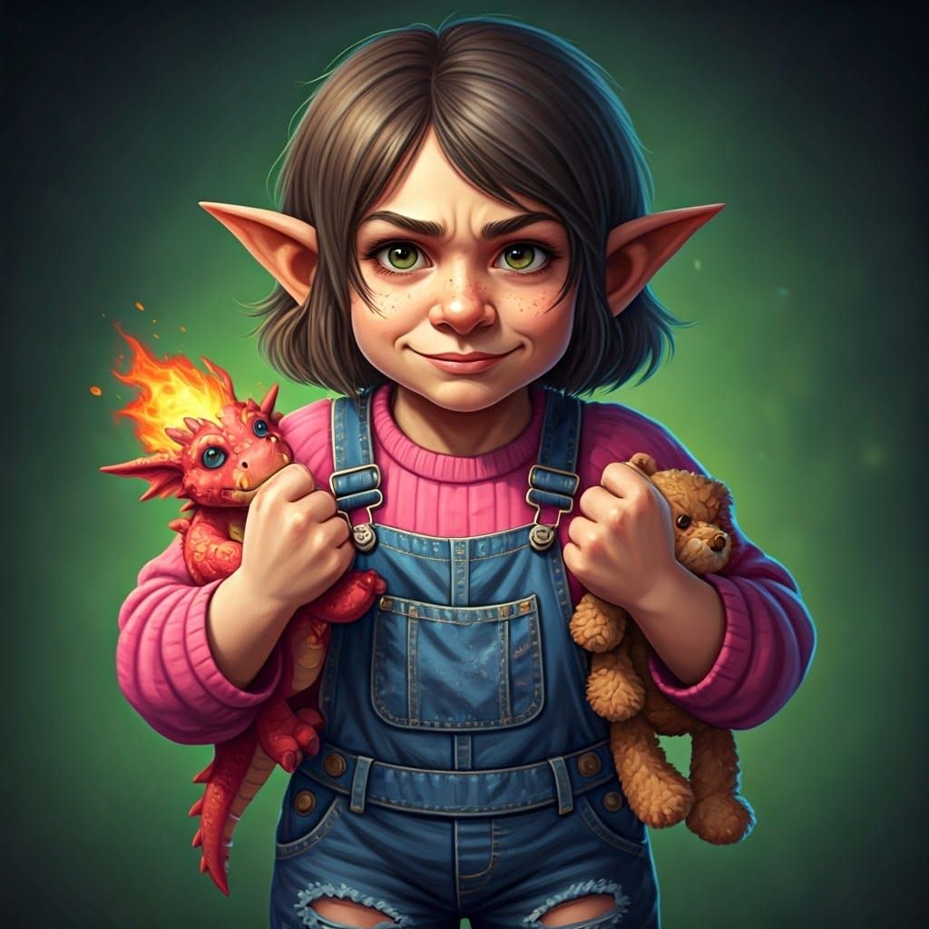 Gnomish Teenager with Plush Toys in Cartoon Style