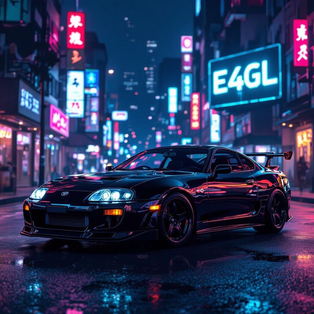Black MK4 Supra in Neon-Lit Cyberpunk Cityscape