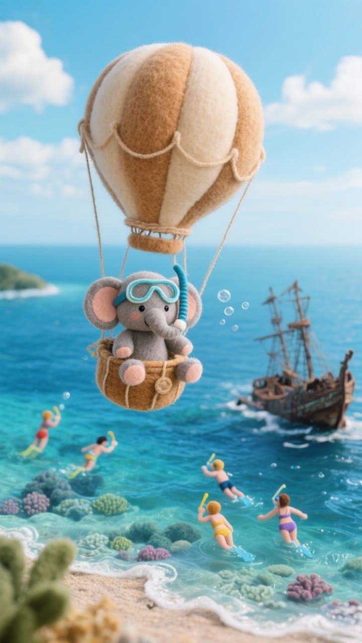 Felt Elephant in Hot Air Balloon Over Great Barrier Reef