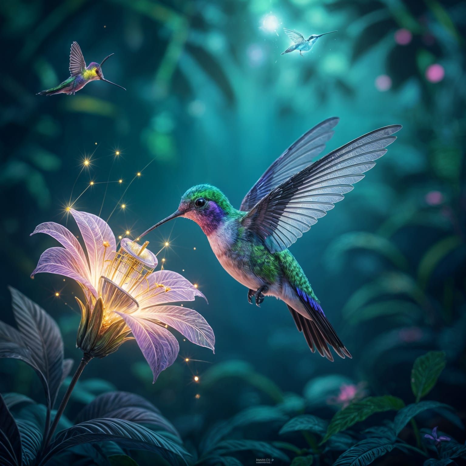 Neon Circuitry Hummingbird on Alien Planet, Digital Painting