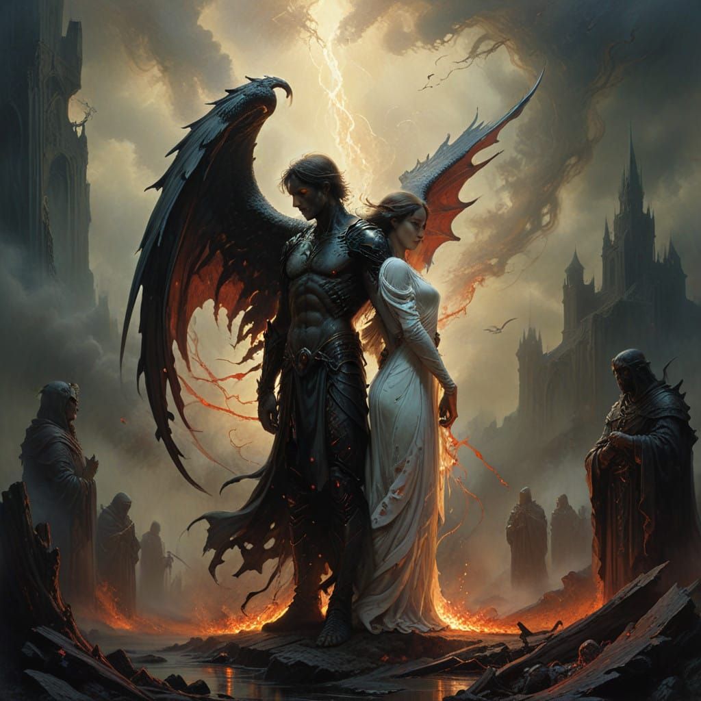 Battle-Scarred Angel Stands Back-to-Back with Radiant Female...