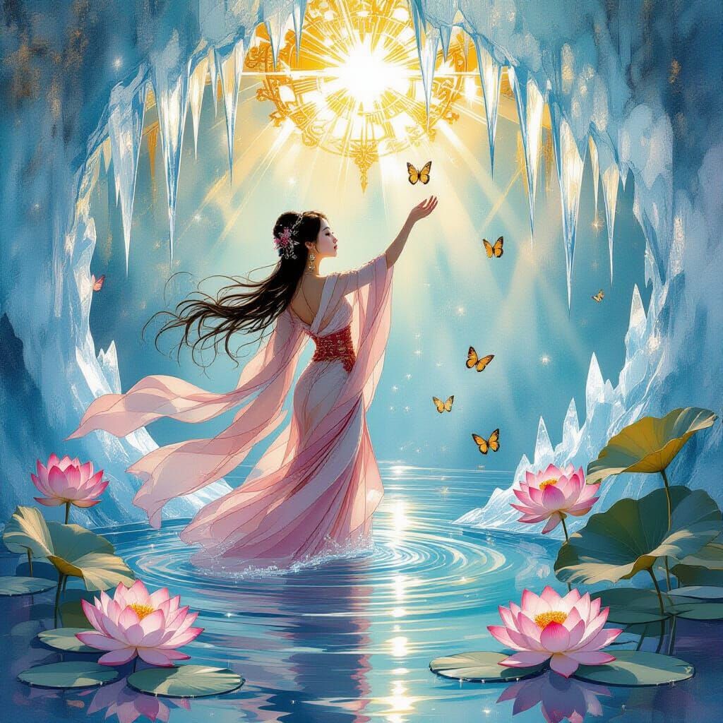 Ethereal Woman Ascends Through Twilight Ice in Art Nouveau S...