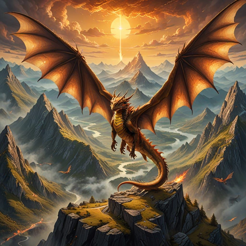Majestic Dragon Soars Over Mountains in a Vibrant Oil Painti...