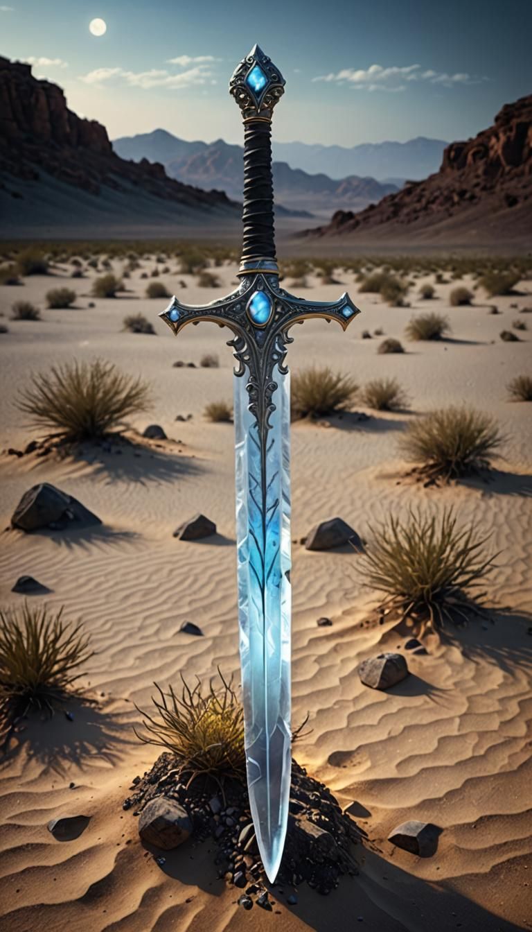 Glowing Moonstone Sword in Eerie Desert Landscape