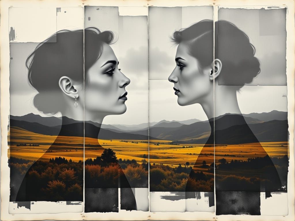 Surreal Fragmented Portrait in Overlapping Panels