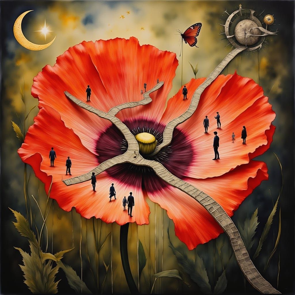 Surreal Poppy Petal Map in Golden Hour Light