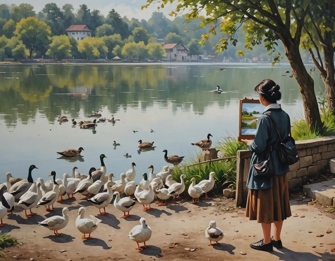 water fowl watching woman in the lakeside embankment