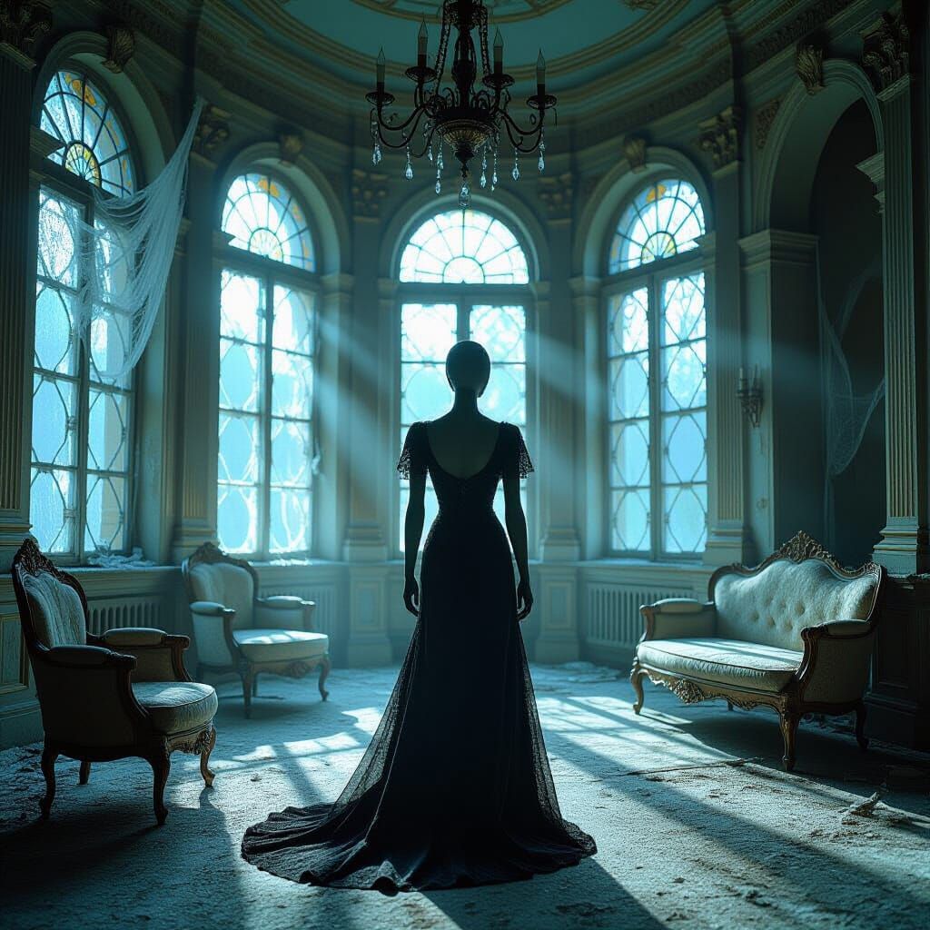 Mannequin in Abandoned Ballroom by Moonlight