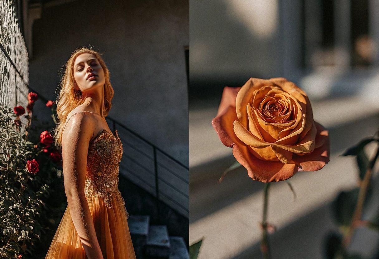 Woman in Golden Gown Plucking Golden Rose
