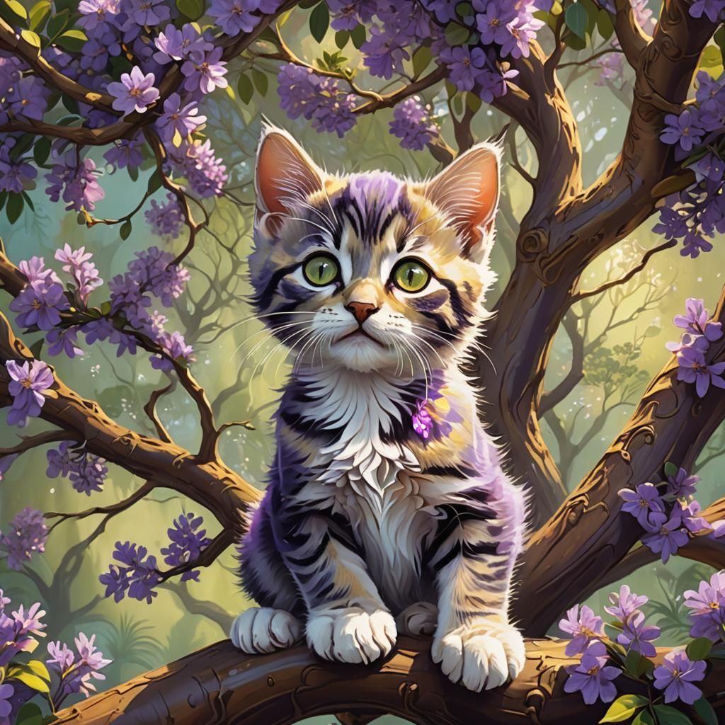 Kitten Playing in Blooming Jacaranda Tree