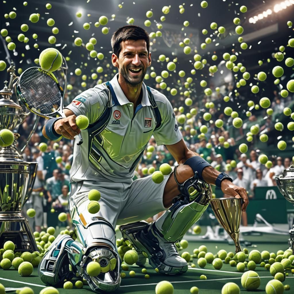 Novak Djokovic Surrounded by Trophies in Sci-Fi Style