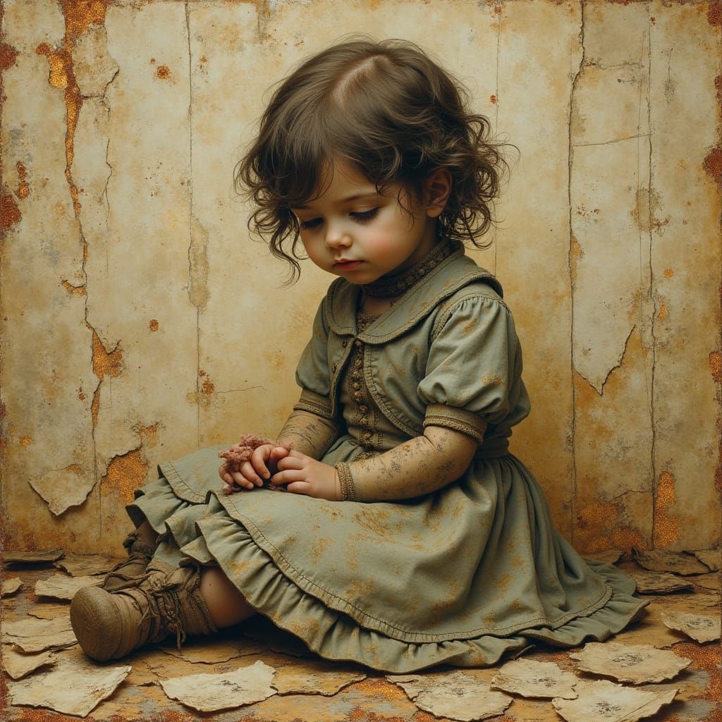 Victorian Child in Crumbling Room, Dreamlike Art