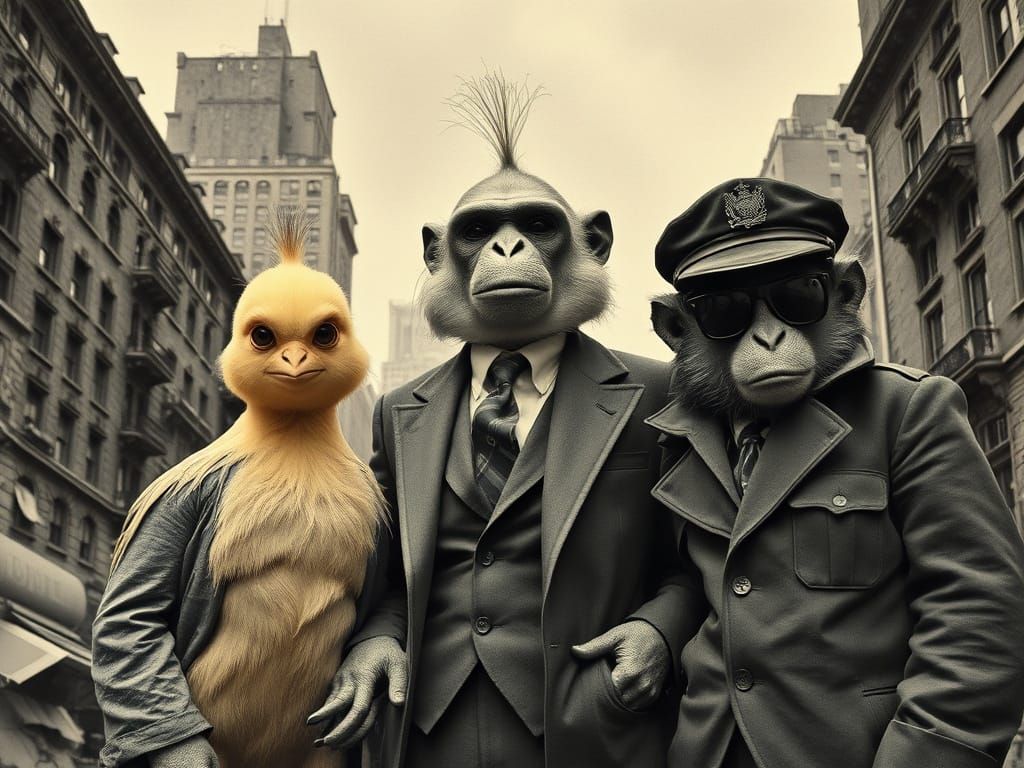 Monkey Man and Cop in Decadent Cityscape