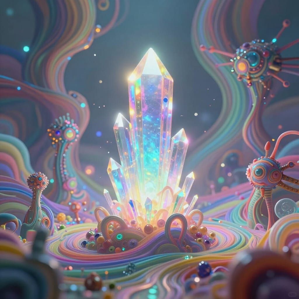 Psychedelic Bio-Mechanical Landscape with Crystalline Struct...