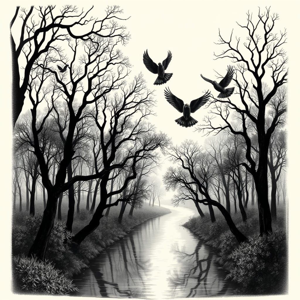 Silhouetted Doves Soar Above a Moonlit Forest Cathedral