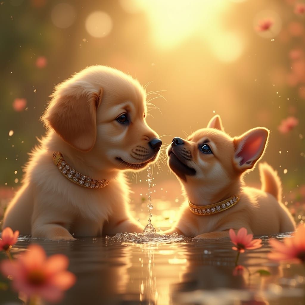 Golden Hour Puppy Paradise in Whimsical Disney Style
