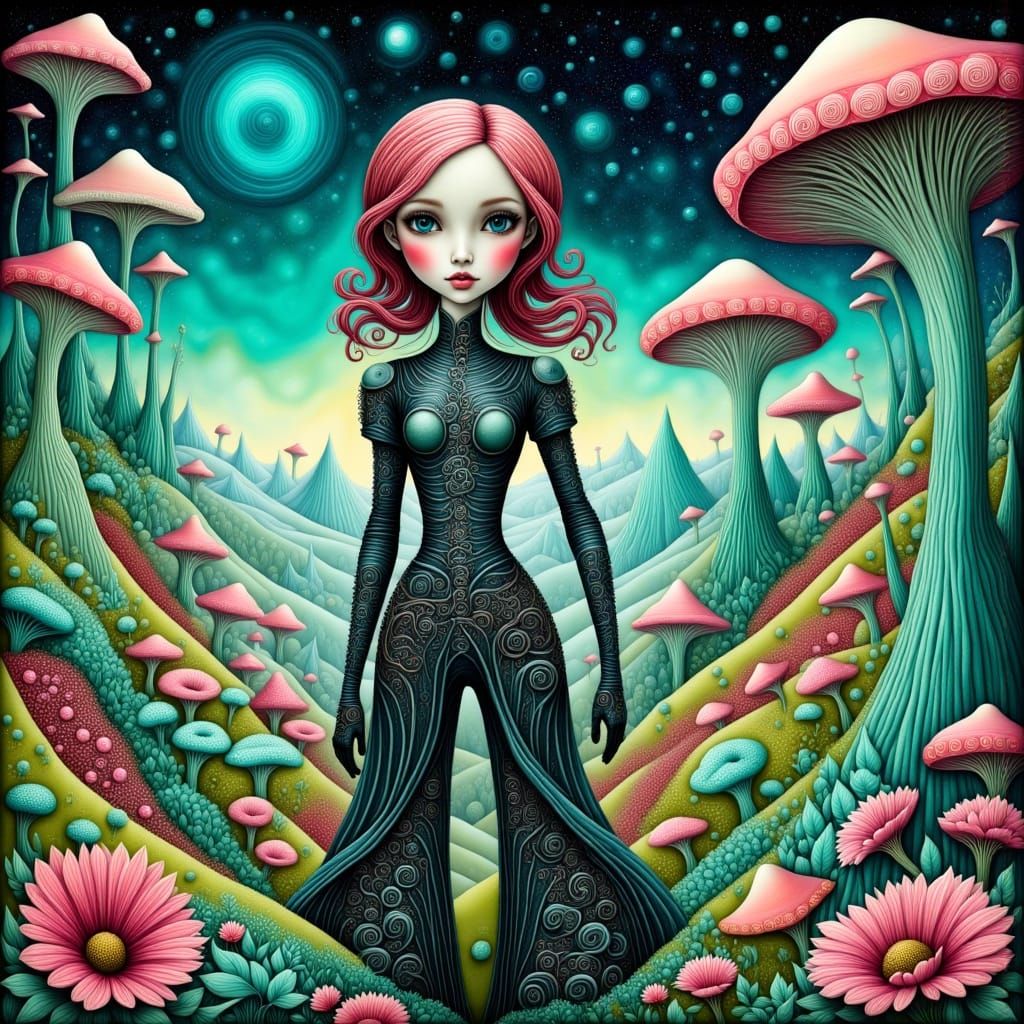 Woman Astronaut in Vibrant, Surreal Alien Landscape