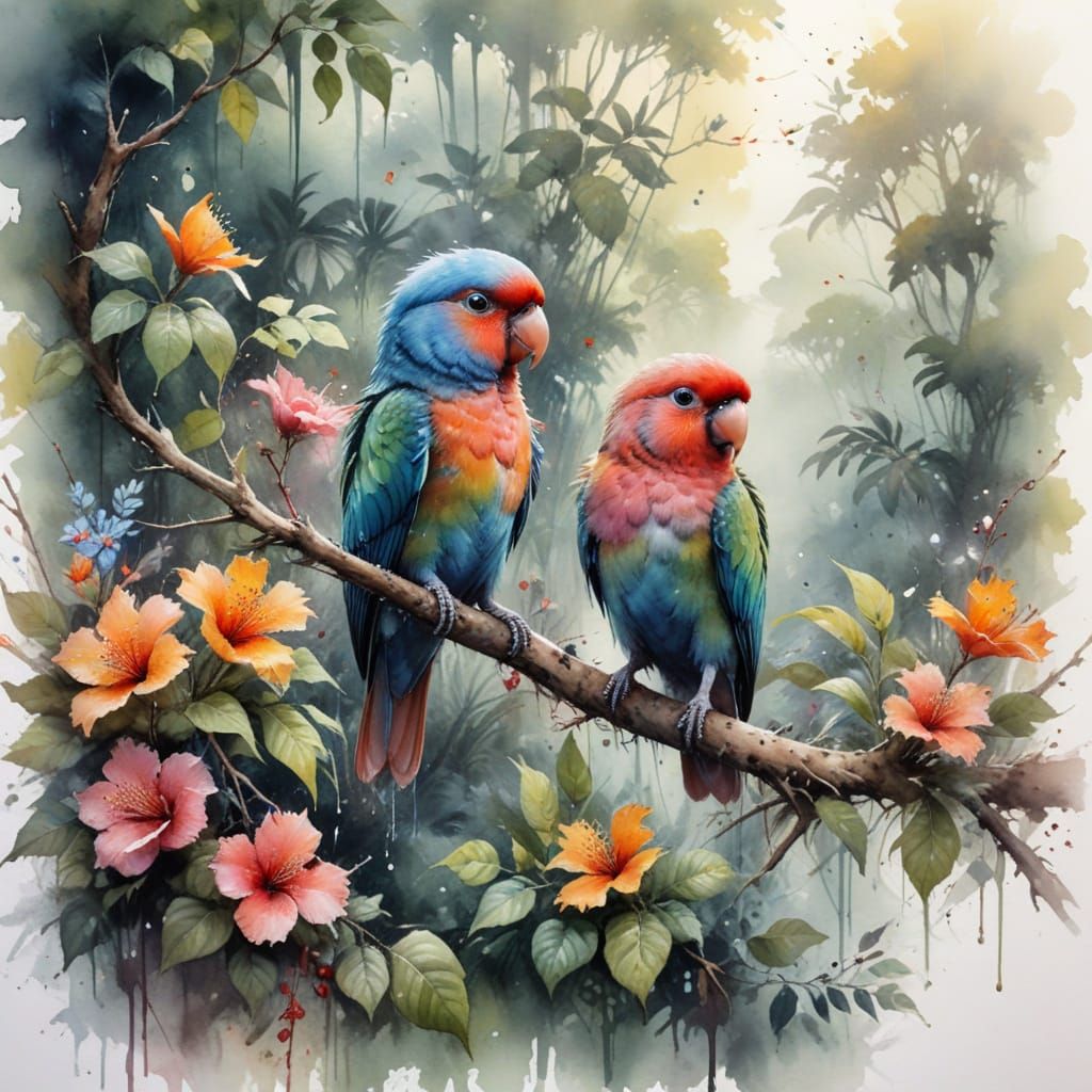 Lovebirds in Hyperrealistic Stylized Watercolor Aesthetic