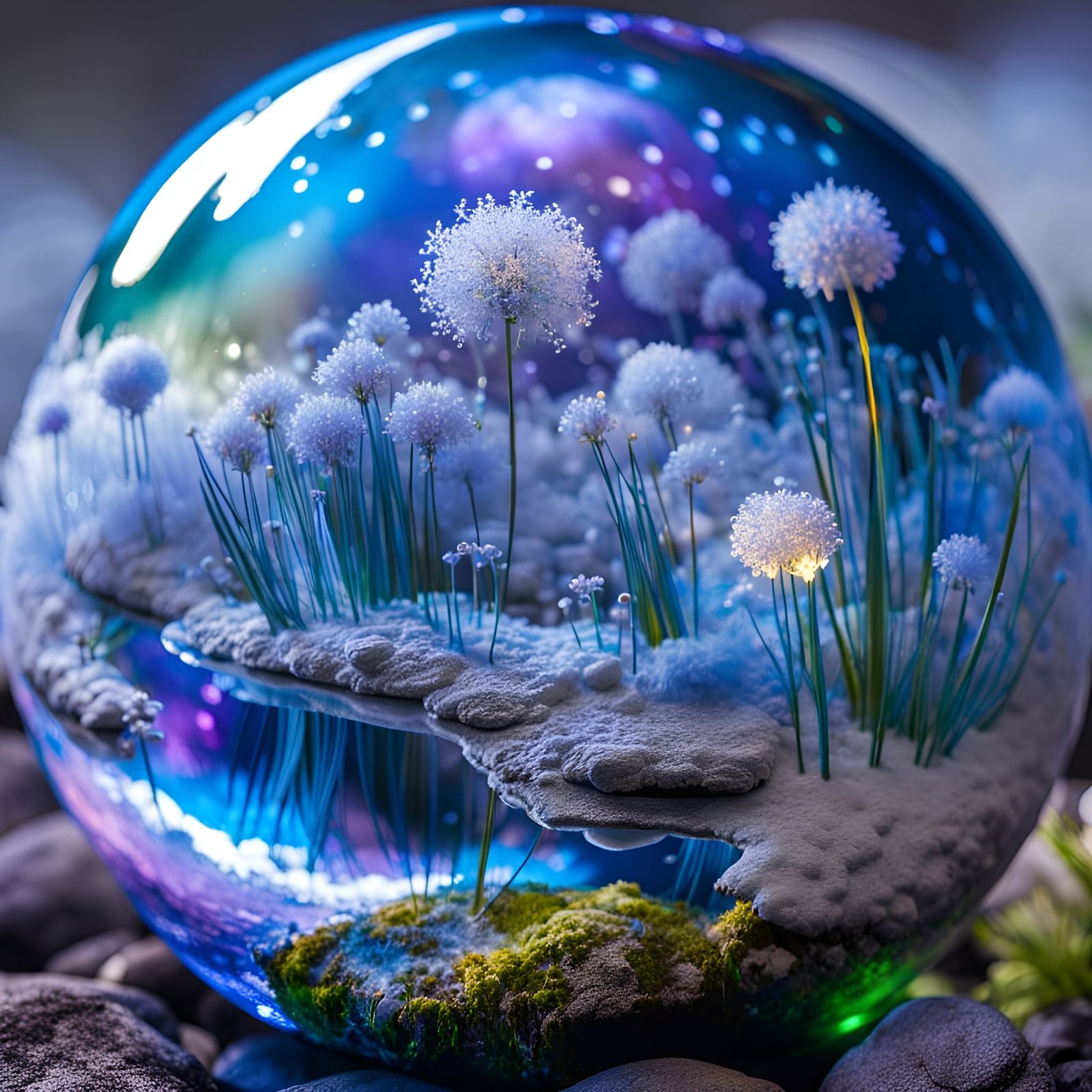 Fantasy World Inside Crystal Orb with Waterfalls