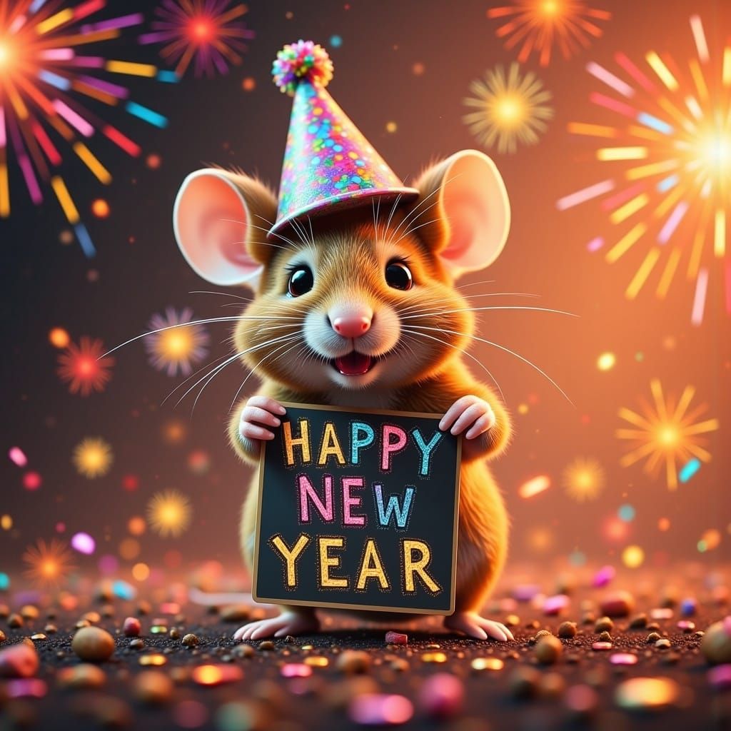 Vibrant Whimsical Mouse Celebrates New Year in a Kaleidoscop...