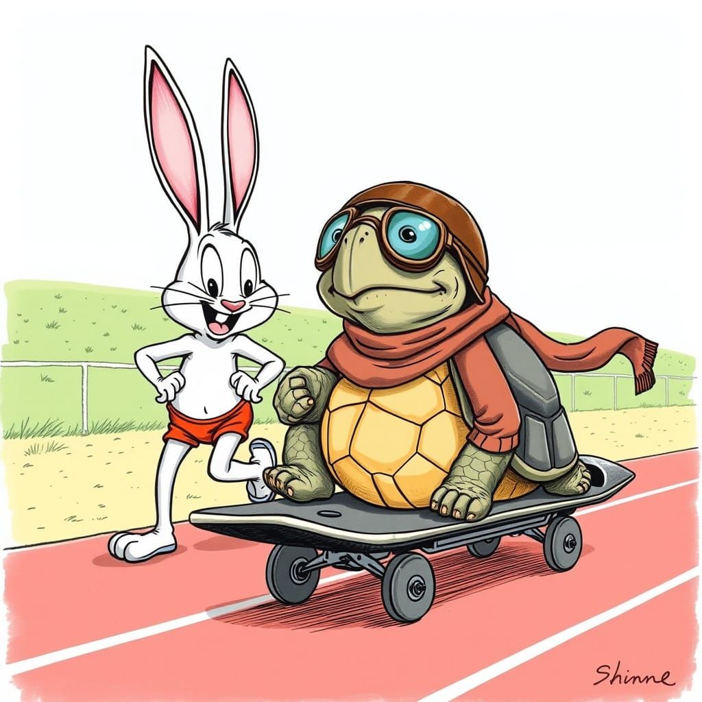 Cartoon Tortoise on Rocket Skateboard Laughing at Bunny