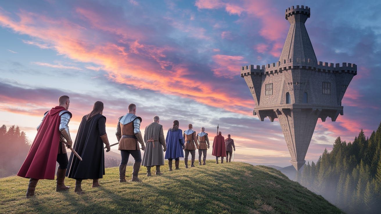 Medieval Fantasy Adventurers Approach an Inverted Castle in ...